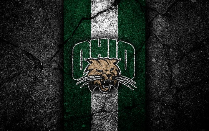 Ohio Bobcats, 4k, equipo de f&#250;tbol americano, NCAA, piedra blanca verde, EEUU, textura de asfalto, f&#250;tbol americano, logotipo de Ohio Bobcats