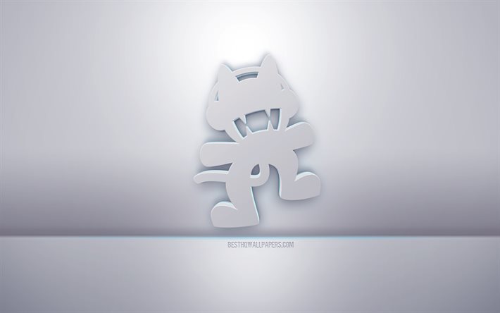 Monstercat 3d valkoinen logo, harmaa tausta, Monstercat logo, luova 3D-taide, Monstercat, 3d-tunnus