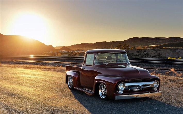 Ford F-100, purple pickup, 1956 cars, retro cars, customized F-100, tuning, 1956 Ford F-100, pickup truck, Ford F-Series, low rider, Ford F100, american cars, Ford