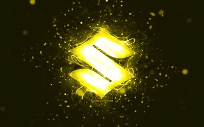 Suzuki yellow logo, 4k, yellow neon lights, creative, yellow abstract background, Suzuki logo, cars brands, Suzuki