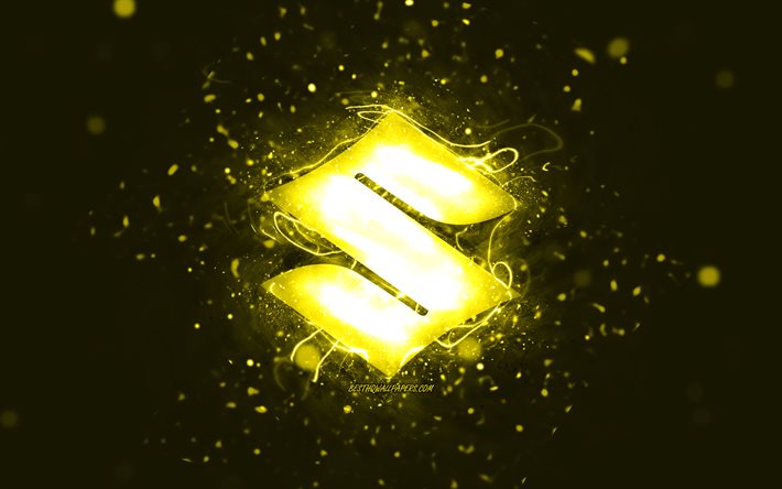 Logo jaune Suzuki, 4k, néons jaunes, créatif, fond abstrait jaune, logo Suzuki, marques de voitures, Suzuki