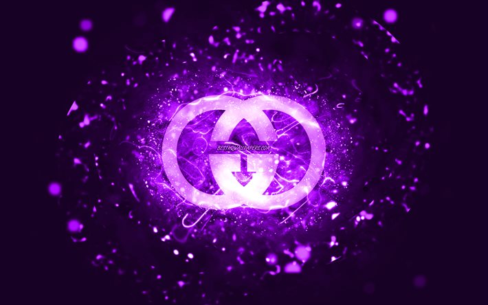 gucci violettes logo, 4k, violette neonlichter, kreativ, violetter abstrakter hintergrund, gucci logo, marken, gucci