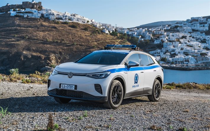 Volkswagen ID4 Police Yunanistan, 4k, offroad, 2021 arabalar, crossovers, polis arabaları, 2021 Volkswagen ID4, Alman otomobilleri, Volkswagen
