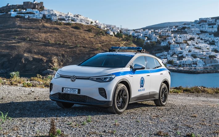 volkswagen id4 police griechenland, 4k, offroad, 2021 autos, crossover, polizeiautos, 2021 volkswagen id4, deutsche autos, volkswagen