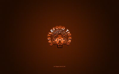 Castleford Tigers, English rugby club, orange logo, orange carbon fiber background, Super League, rugby, Northern Hemisphere, England, Castleford Tigers logo