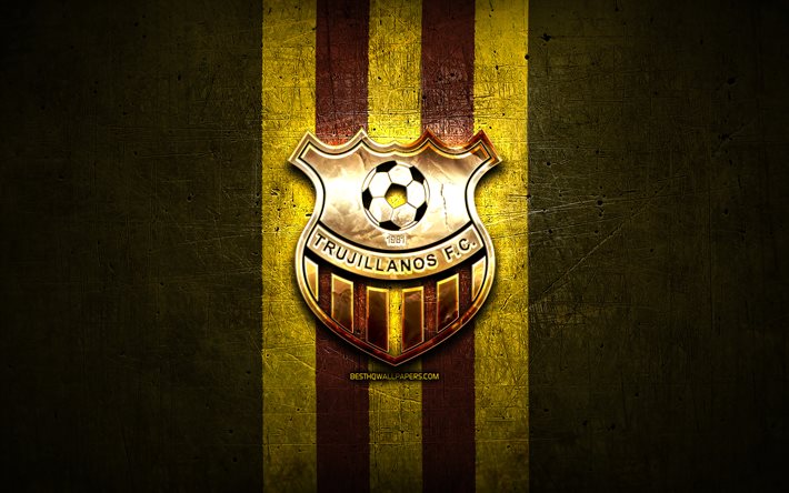 Trujillanos FC, golden logo, La Liga FutVe, yellow metal background, football, Venezuelan football club, Trujillanos FC logo, soccer, Venezuelan Primera Division, FC Trujillanos