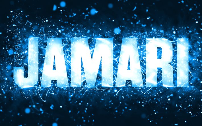 Joyeux anniversaire Jamari, 4k, n&#233;ons bleus, nom Jamari, cr&#233;atif, joyeux anniversaire Jamari, anniversaire Jamari, noms masculins am&#233;ricains populaires, photo avec nom Jamari, Jamari