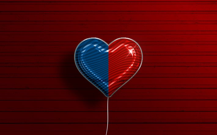 J&#39;aime Narbonne, 4k, ballons r&#233;alistes, fond en bois rouge, Jour de Narbonne, villes fran&#231;aises, drapeau de Narbonne, France, ballon avec drapeau, Narbonne