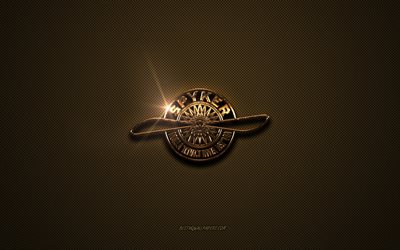 Logo Spyker dorato, grafica, sfondo marrone in metallo, emblema Spyker, logo Spyker, marchi, Spyker