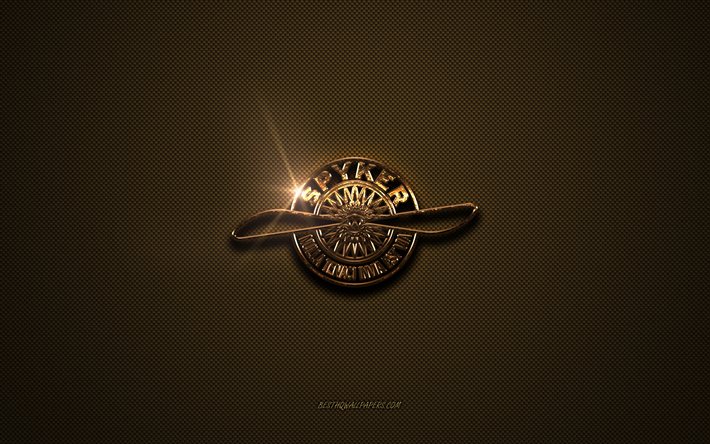 Logo dor&#233; Spyker, oeuvre d&#39;art, fond en m&#233;tal marron, embl&#232;me Spyker, logo Spyker, marques, Spyker