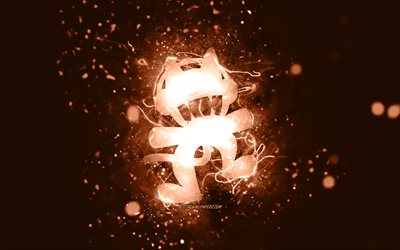 Monstercat ruskea logo, 4k, kanadalaiset DJ:t, ruskeat neon valot, luova, ruskea abstrakti tausta, Monstercat logo, musiikkit&#228;hdet, Monstercat