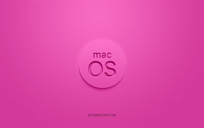 MacOS 3D logosu, pembe arka plan, MacOS pembe logosu, 3D logosu, MacOS amblemi, MacOS, 3D sanat