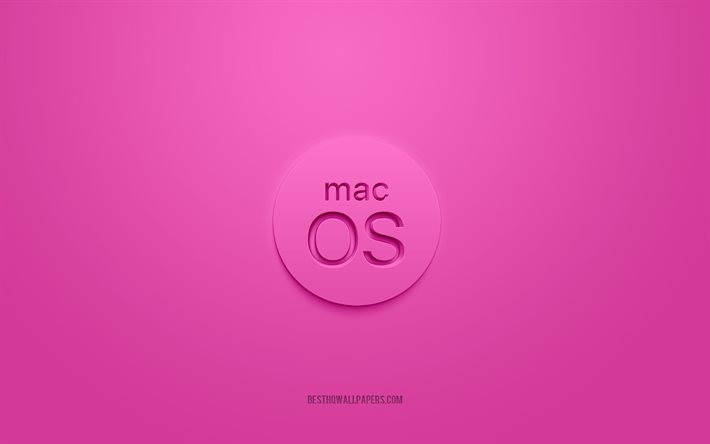 Logo MacOS 3D, sfondo rosa, logo MacOS rosa, logo 3D, emblema MacOS, MacOS, arte 3D