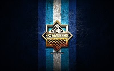 HFX Wanderers FC, logo dor&#233;, Premier League canadienne, fond bleu m&#233;tal, football, club de football canadien, logo HFX Wanderers, soccer, HFX Wanderers