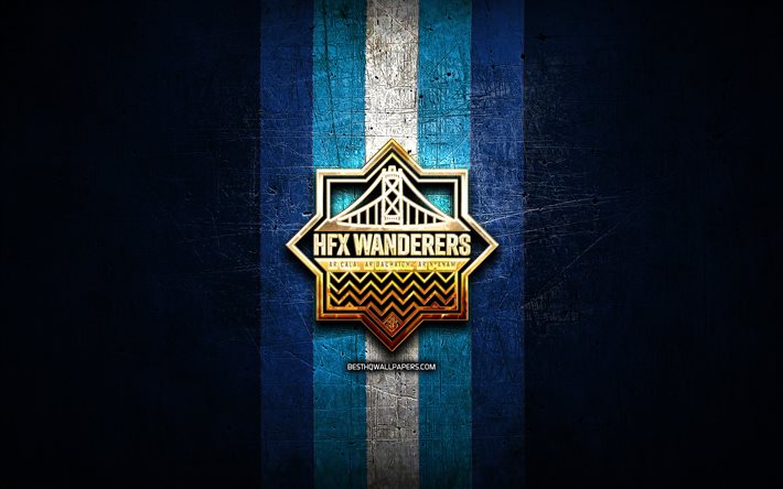 HFX Wanderers FC, logotipo dourado, Canadian Premier League, fundo de metal azul, futebol, clube de futebol canadense, logotipo HFX Wanderers, HFX Wanderers