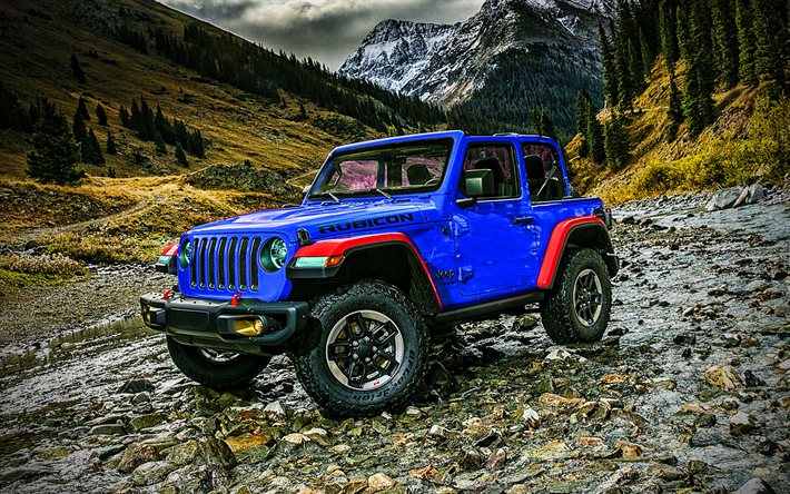 Jeep Wrangler Rubicon, tout-terrain, 2021 voitures, montagnes, Blue Wrangler, 2021 Jeep Wrangler, SUV, voitures am&#233;ricaines, Jeep