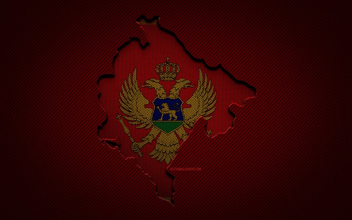 Mapa de Montenegro, 4k, pa&#237;ses europeus, bandeira montenegrina, fundo de carbono vermelho, silhueta do mapa de Montenegro, bandeira de Montenegro, Europa, mapa montenegrino, Montenegro