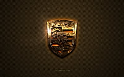 Logo doré Porsche, oeuvre d'art, fond métal marron, emblème Porsche, logo Porsche, marques, Porsche