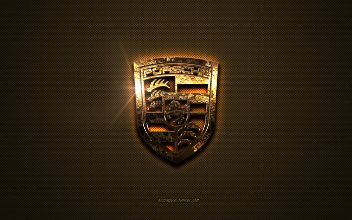 Logo dor&#233; Porsche, oeuvre d&#39;art, fond m&#233;tal marron, embl&#232;me Porsche, logo Porsche, marques, Porsche