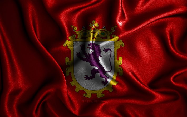 Drapeau de L&#233;on, 4k, drapeaux ondul&#233;s en soie, villes espagnoles, Jour de L&#233;on, drapeaux en tissu, art 3D, L&#233;on, villes d&#39;Espagne, Drapeau de L&#233;on 3D
