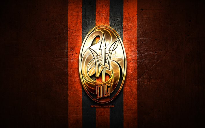 Deportivo La Guaira FC, golden logo, La Liga FutVe, orange metal background, football, Venezuelan football club, Deportivo La Guaira logo, soccer, Venezuelan Primera Division, Deportivo La Guaira