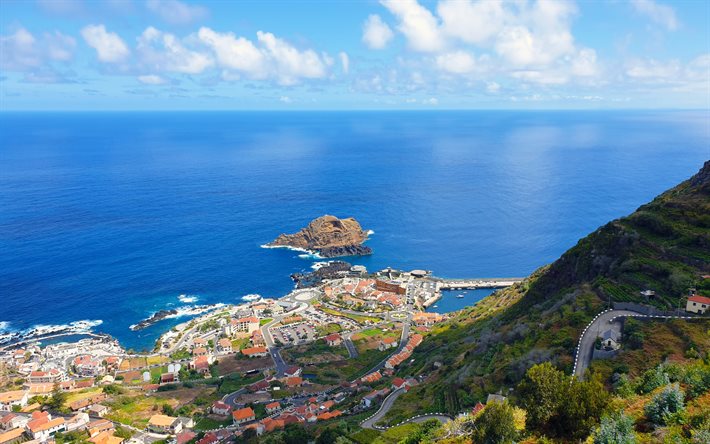 Porto Moniz, isola di Madeira, vista montagna, oceano, paesaggio marino, costa, panorama di Porto Moniz, paesaggio urbano di Porto Moniz, Madeira, Portogallo