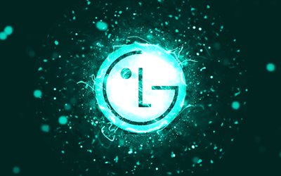 LG turkoosi logo, 4k, turkoosi neon valot, luova, turkoosi abstrakti tausta, LG logo, tuotemerkit, LG