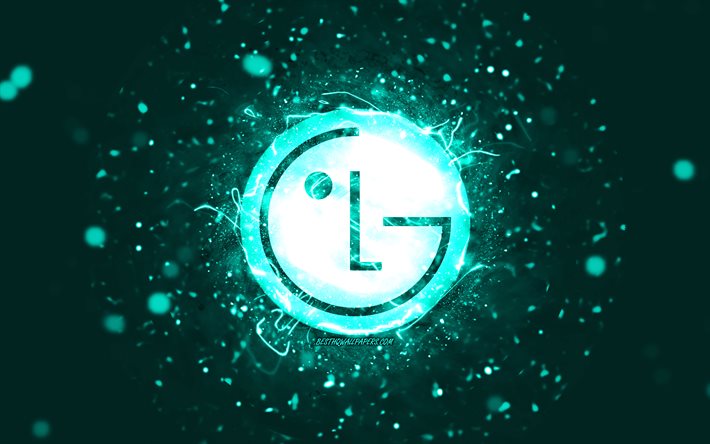 LG turquoise logo, 4k, turquoise neon lights, creative, turquoise abstract background, LG logo, brands, LG