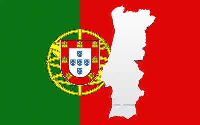Silhouette de carte du Portugal, drapeau du Portugal, silhouette sur le drapeau, Portugal, silhouette de carte du Portugal 3d, carte du Portugal 3d