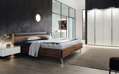 stylish interior design, bedroom, black walls in the bedroom, wooden bed, modern interior style, modern style, idea for a bedroom