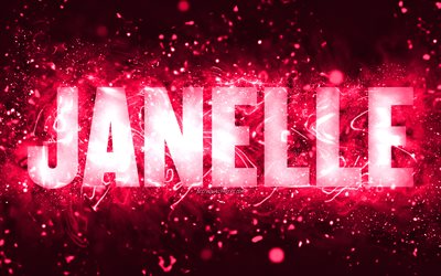 Joyeux anniversaire Janelle, 4k, n&#233;ons roses, nom Janelle, cr&#233;atif, joyeux anniversaire Janelle, anniversaire Janelle, noms f&#233;minins am&#233;ricains populaires, photo avec le nom Janelle, Janelle