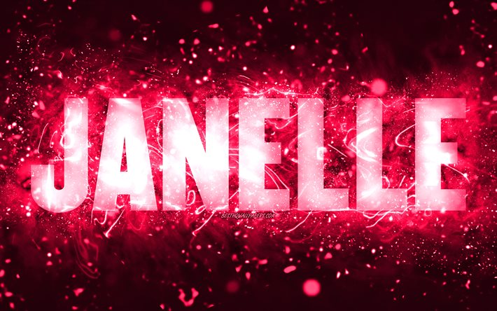 Happy Birthday Janelle, 4k, pink neon lights, Janelle name, creative, Janelle Happy Birthday, Janelle Birthday, popular american female names, picture with Janelle name, Janelle