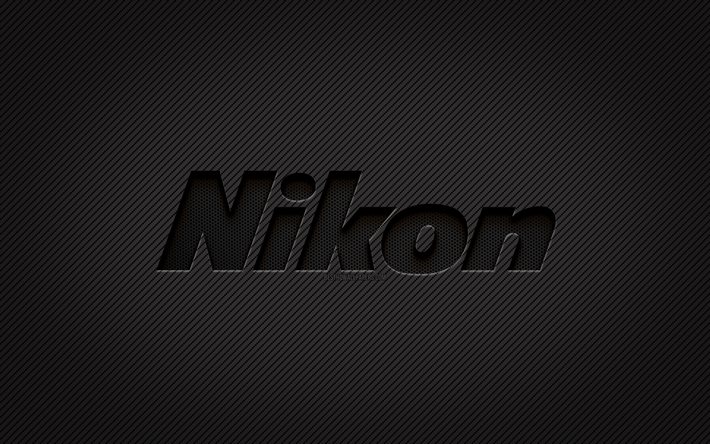 Logo Nikon in carbonio, 4k, grunge art, sfondo in carbonio, creativo, logo nero Nikon, marchi, logo Nikon, Nikon