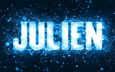 Buon Compleanno Julien, 4k, luci al neon blu, nome Julien, creativo, Julien Buon Compleanno, Julien Compleanno, nomi maschili americani popolari, foto con nome Julien, Julien