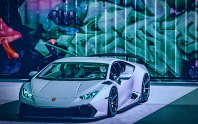 Lamborghini Huracan, 4k, tuning, supercars, paysages urbains, HDR, Lamborghini Huracan blanche, voitures italiennes, Lamborghini