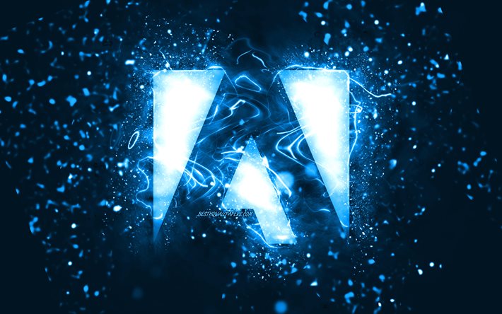 Adobe blue logo, 4k, blue neon lights, creative, blue abstract background, Adobe logo, brands, Adobe
