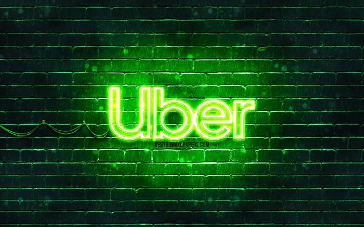 Logo vert Uber, 4k, mur de briques vert, logo Uber, marques, logo n&#233;on Uber, Uber