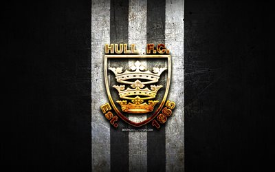 Hull FC, golden logo, SLE, black metal background, english rugby club, Hull FC logo, rugby