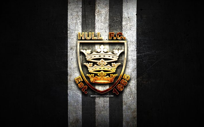 Hull FC, logo dorato, SLE, sfondo nero in metallo, club inglese di rugby, logo Hull FC, rugby