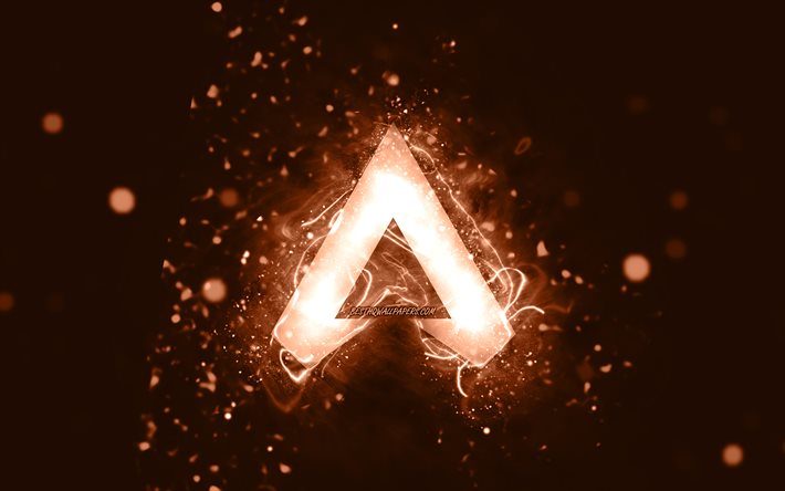 Apex Legends logo marrone, 4k, luci al neon marroni, creativo, sfondo marrone astratto, logo Apex Legends, marchi di giochi, Apex Legends