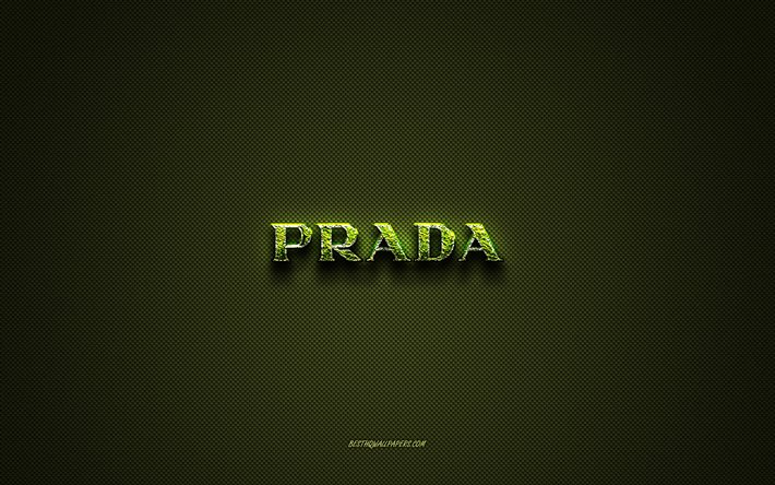 Logotipo da Prada, logotipo criativo verde, logotipo da arte floral, emblema da Prada, textura de fibra de carbono verde, Prada, arte criativa
