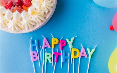 Happy birthday, cake, candles, blue background, Happy birthday greeting card, Happy birthday candles, birthday concepts