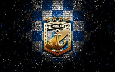 CSA Guillermo Brown, logo paillet&#233;, Primera Nacional, fond &#224; carreaux bleu blanc, football, club de football argentin, logo Guillermo Brown, art en mosa&#239;que, Guillermo Brown FC