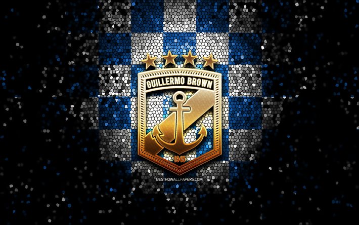 CSA Guillermo Brown, glitter logo, Primera Nacional, blue white checkered background, soccer, argentinian football club, Guillermo Brown logo, mosaic art, football, Guillermo Brown FC