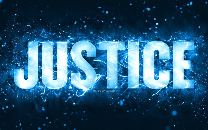 Happy Birthday Justice, 4k, luzes de n&#233;on azuis, Justice name, creative, Justice Happy Birthday, Justice Birthday, nomes masculinos americanos populares, imagem com o nome Justice, Justice