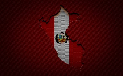 Mappa del Per&#249;, 4k, paesi del Sud America, bandiera peruviana, sfondo rosso carbonio, sagoma della mappa del Per&#249;, bandiera del Per&#249;, Sud America, mappa peruviana, Per&#249;