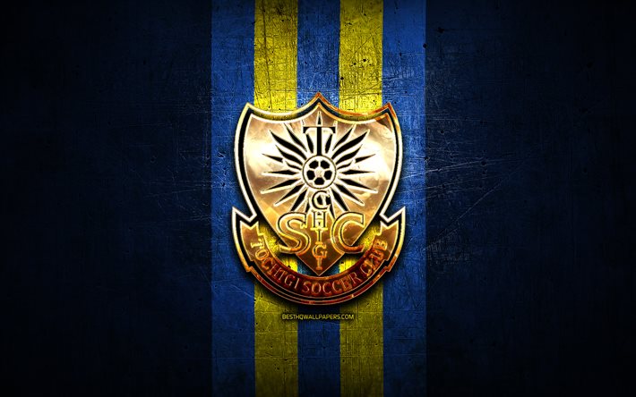 Tochigi FC, golden logo, J2 League, blue metal background, football, japanese football club, Tochigi SC logo, Tochigi SC