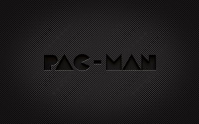 Pac-Man karbon logosu, 4k, grunge sanat, karbon arka plan, yaratıcı, Pac-Man siyah logosu, online oyunlar, Pac-Man logosu, Pac-Man