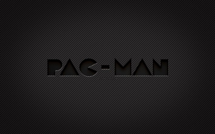 Pac-Man logo in carbonio, 4k, grunge, arte, sfondo carbonio, creativo, logo nero Pac-Man, giochi online, logo Pac-Man, Pac-Man