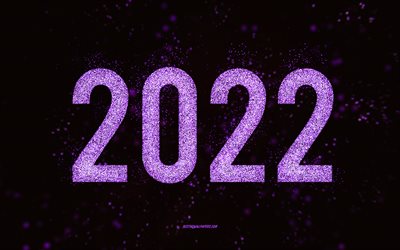 Happy New Year 2022, purple glitter art, 2022 New Year, 2022 purple glitter background, 2022 concepts, black background, 2022 greeting card